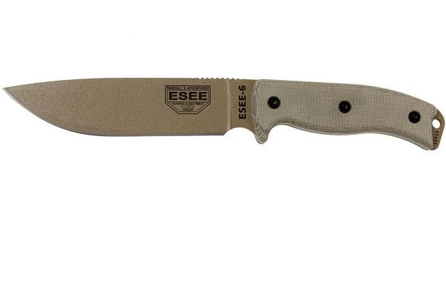 ESEE Model 6 Desert Tan Blade 6P-DE Survival Knife With Black Sheath + Belt Clip 1 ESEE Model 6 Desert Tan Blade 6P-DE Survival Knife With Black Sheath + Belt Clip